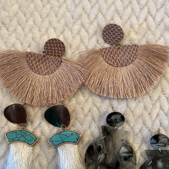 Fashion Earrings 3 sets Tan fringe Turquoise White Black Gray Dangle - Picture 2 of 4